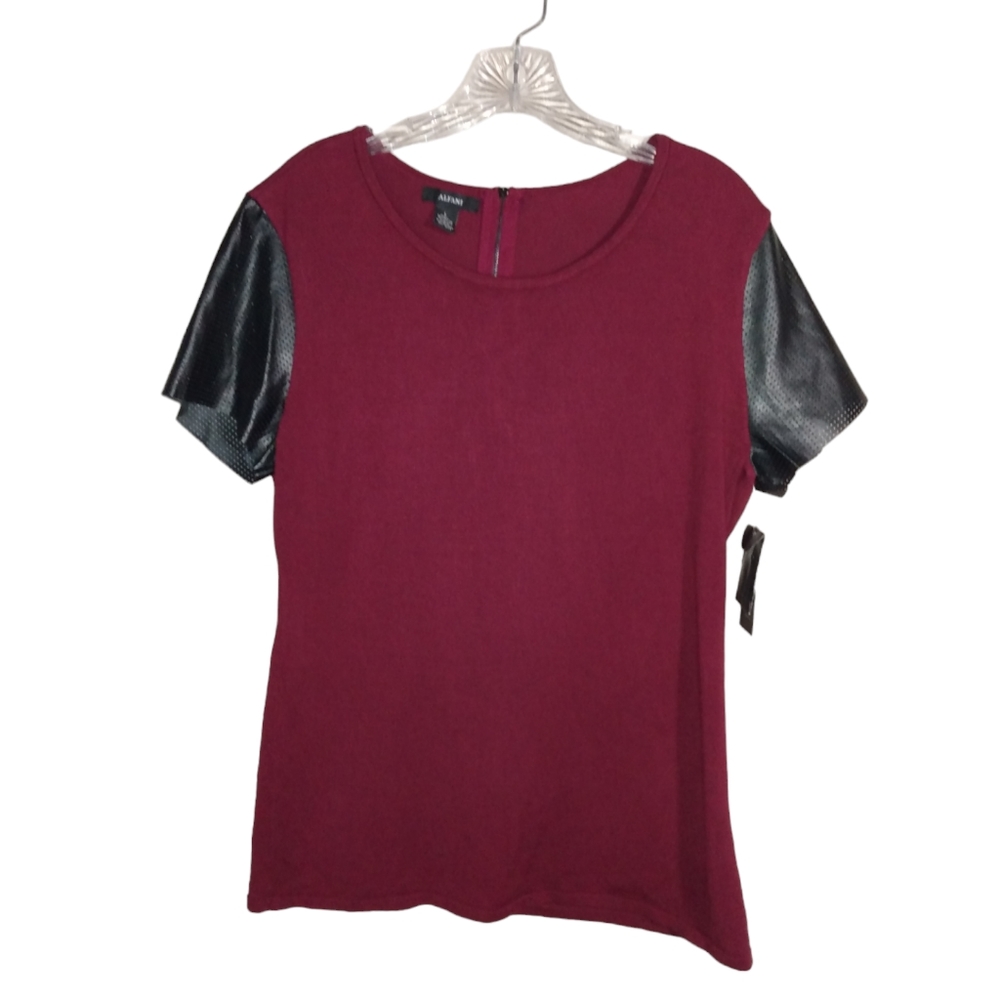 NWT Alfani Short Sleeve Faux Leather Zip Top Large